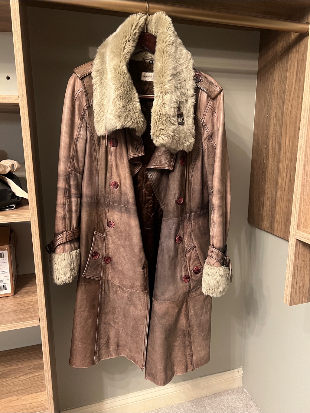 Brown Leather Trench Coat With Cream Faux Fur Collar